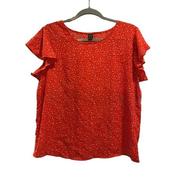 Women's Large Top Shein Short Flutter Sleeve Red Flowers - Picture 1 of 2